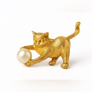Vintage Gold-Tone Cat Brooch with Faux Pearl Ball